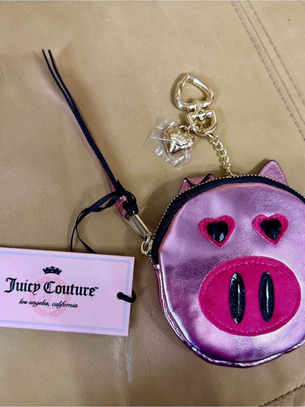Juicy Couture Metallic Pink Pig Wristlet Keychain with Gold Hardware